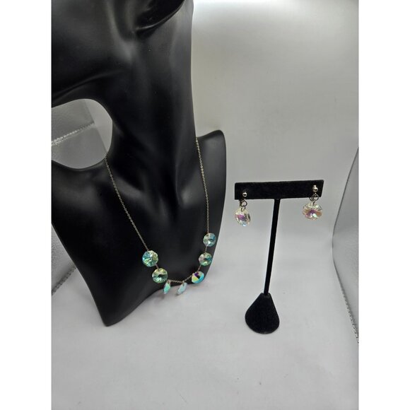 Vintage STERLING Silver Aurora Borealis Crystal Necklace & Clip on Earring Set - Picture 4 of 8